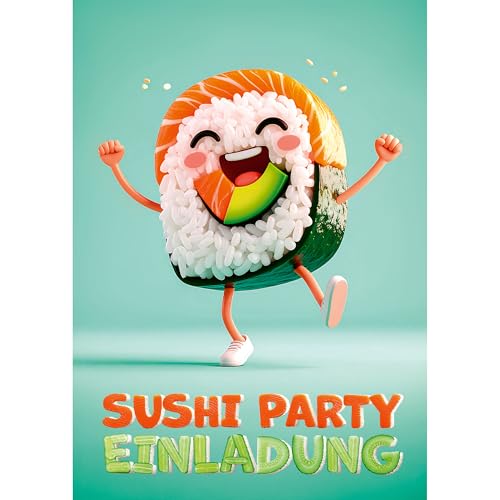 Moosthaler Einladungskarten Kindergeburtstag Mädchen - Sushi Party – 12 lustige Karten für Deinen Geburtstag – fröhliches Maki Sushi-Motiv – witzige Einladungskarten für Jungen & Mädchen von Moosthaler