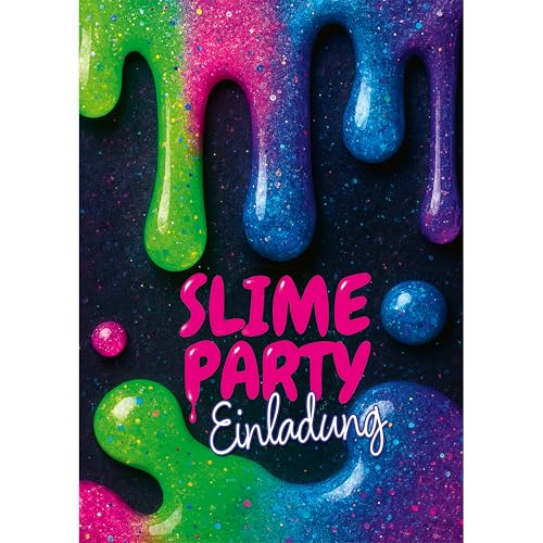 Moosthaler Slime Party Einladungskarten Kindergeburtstag Mädchen – 12 bunte Neon Geburtstagseinladungen im Schleim-Look für die kreative Geburtstagsparty von Moosthaler