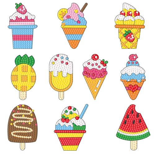 5D Diamond Painting Aufkleber Kits, 10 Stück Cartoon Diamanten Mosaik Aufkleber, Diamantmalerei Kinder, Kinder und Erwachsene Anfänger Eiscreme Diamant Aufkleber Kit von Majen