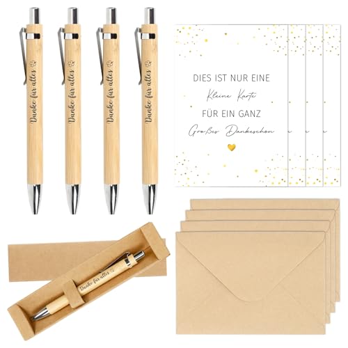 MorLuks 4 Sets Dankeschön Geschenke, Holz Kugelschreiber mit Gravur + Dankeskarten + Geschenkbox, Danke für Alles, Mutmacher Geschenk für Freunde Kollegen Lehrer Mitarbeiter Team von MorLuks