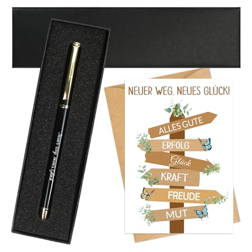MorLuks Neuer Weg Neues Glück, Kugelschreiber mit Gravur + Abschiedskarte Kollegen + Geschenkbox, Abschiedsgeschenk Kollegen für Jobwechsel Rente Ruhestand Neuer Job Mutmacher von MorLuks