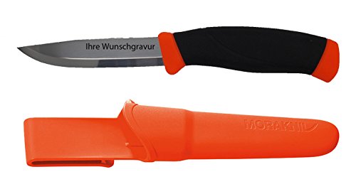 Mora-Messer, Companion, rostfreier Sandvik-Stahl 12C27, zweifarbiger Griff, neonfarbene Scheide mit Gürtelclip, mit Namensgravur Mora-Messer, Companion, rostfreier Sandvik-Stahl 12C27, zweifarbiger Griff, neonfarbene Scheide mit Gürtelclip, mit Namensgravur von Mora