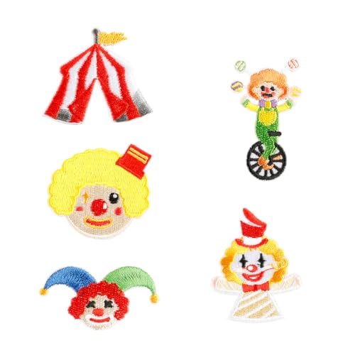 Aufnäher zum Aufbügeln, Motiv: Zirkus-Serie, schöne Clown-Reparatur-Stickerei für Tasche, Dekoration, Clown, zum Aufbügeln, Zirkus-Serie, bestickt für Kleid, Jeans, 5 Stück Aufnäher zum Aufbügeln, Motiv: Zirkus-Serie, schöne Clown-Reparatur-Stickerei für Tasche, Dekoration, Clown, zum Aufbügeln, Zirkus-Serie, bestickt für Kleid, Jeans, 5 Stück von Morain