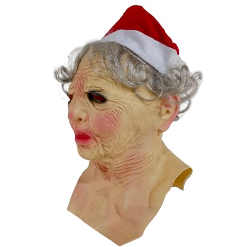 Morain Halloween Weihnachten alte Frauen Gesichtsbedeckung Kopfbedeckung mit Weihnachtsmütze Oma Vollkopf Gesichtsabdeckung für Cosplay Erwachsenenkostüm von Morain