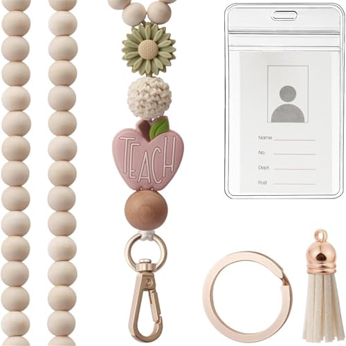 Schlüsselband und Ausweishalter aus Holzperlen, Kartenhalter mit Perlenband, Umhängeband, Schlüsselanhänger, Quasten, Charm, Damen Schlüsselband und Ausweishalter aus Holzperlen, Kartenhalter mit Perlenband, Umhängeband, Schlüsselanhänger, Quasten, Charm, Damen von Morain