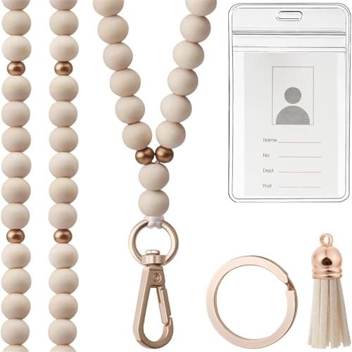 Schlüsselband und Ausweishalter aus Holzperlen, Kartenhalter mit Perlenband, Umhängeband, Schlüsselanhänger, Quasten, Charm, Damen Schlüsselband und Ausweishalter aus Holzperlen, Kartenhalter mit Perlenband, Umhängeband, Schlüsselanhänger, Quasten, Charm, Damen von Morain