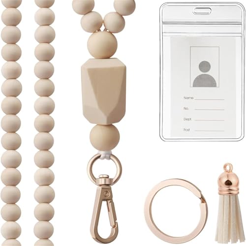 Schlüsselband und Ausweishalter aus Holzperlen, Kartenhalter mit Perlenband, Umhängeband, Schlüsselanhänger, Quasten, Charm, Damen Schlüsselband und Ausweishalter aus Holzperlen, Kartenhalter mit Perlenband, Umhängeband, Schlüsselanhänger, Quasten, Charm, Damen von Morain