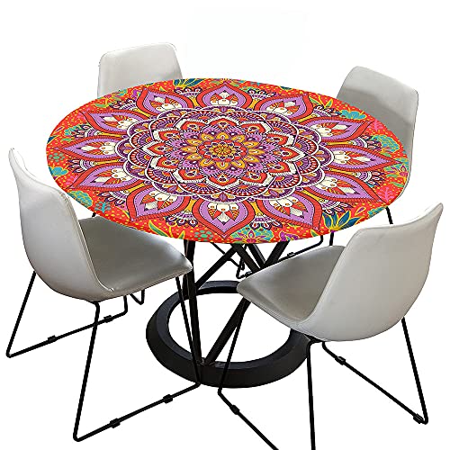 Morbuy Tischdecke Elastisch, 3D Mandala Rund Tischdecken Wasserdicht Lotuseffekt Abwaschbar Abwischbar Tischtuch für Dekoration Küchentisch Garten Outdoor (Orange Rot,120cm) von Morbuy-shop