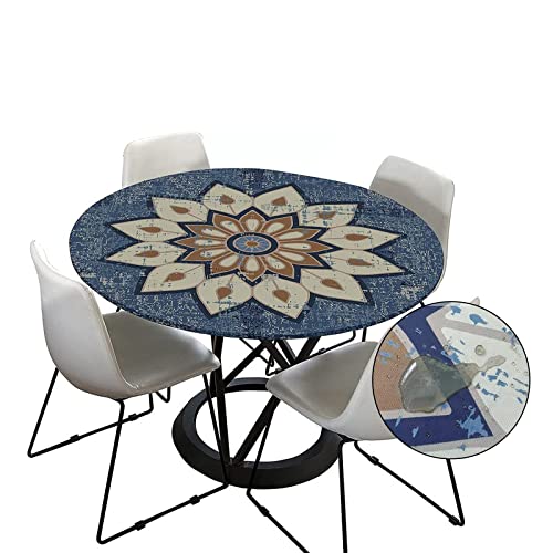 Morbuy Tischdecke Outdoor Rund 120 cm, Elastisch Rund Abwaschbar Tischdecken Wasserabweisend Lotuseffekt Garten Tischdecke Blau Mandala Table Cloth, Ideal für 100cm-110cm von Morbuy-shop