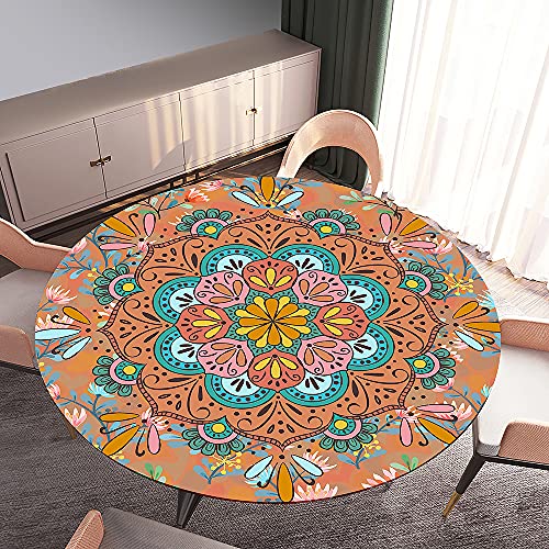 Morbuy Tischdecke Elastisch, Mandala Drucken Rund Tischdecken Wasserdicht Lotuseffekt Abwaschbar Abwischbar Tischtuch für Dekoration Küchentisch Garten Outdoor (Durchmesser 100cm,Orange) von Morbuy