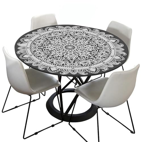 Morbuy Tischdecke Outdoor Rund 120 cm, Elastisch Rund Abwaschbar Tischdecken Wasserabweisend Lotuseffekt Garten Tischdecke Schwarz Mandala Table Cloth, Ideal für 100cm-110cm von Morbuy
