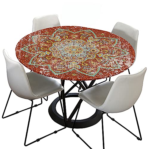 Morbuy Tischdecke Outdoor Rund 100 cm, Elastisch Rund Abwaschbar Tischdecken Wasserabweisend Lotuseffekt Garten Tischdecke Rot Mandala Table Cloth, Ideal für 80cm-90cm von Morbuy