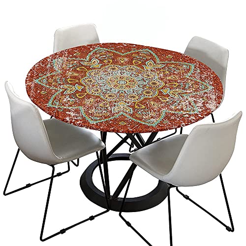 Morbuy Tischdecke Outdoor Rund 120 cm, Elastisch Rund Abwaschbar Tischdecken Wasserabweisend Lotuseffekt Garten Tischdecke Rot Mandala Table Cloth, Ideal für 100cm-110cm von Morbuy