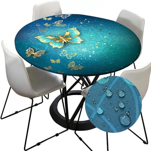 Tischdecke Abwaschbar Round 90cm, Morbuy Elastisch Outdoor Tischdecken Wasserabweisend Lotuseffekt Garten Tischtücher Grün Schmetterling Table Cloth, Ideal für 70cm-80cm von Morbuy