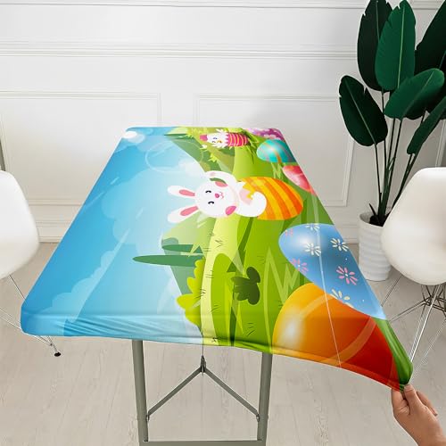Morbuy 3D Rechteckige Elastische Tischdecke, Rechteckig Tischdecke mit Gummizug Spanntischdecke Gartentischdecke für Picknick Camping Partys (Süßes Kaninchen 4,6FT/183x76cm) von Morbuy