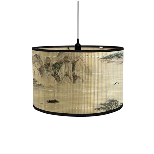 Morbuy Bambus Lampenschirm für Tischlampe, Chinesisch Stil Landschaft Muster Durchmesser 30cm Tischlampenschirm Holz Stehlampenschirme für Deckenleuchte Stehlampe Dekoration (Fluss) von Morbuy