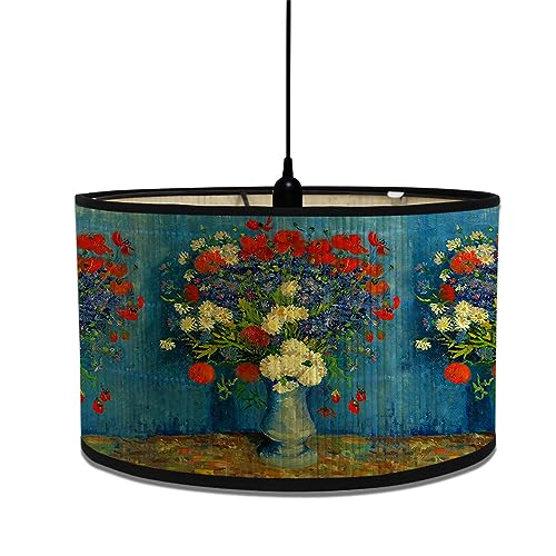 Morbuy Bambus Lampenschirm für Tischlampe, Ölgemälde Muster Vintage Stil Durchmesser 30cm Tischlampenschirm Holz Stehlampenschirme für Deckenleuchte Stehlampe Wandleuchte (Rote Blumen) von Morbuy