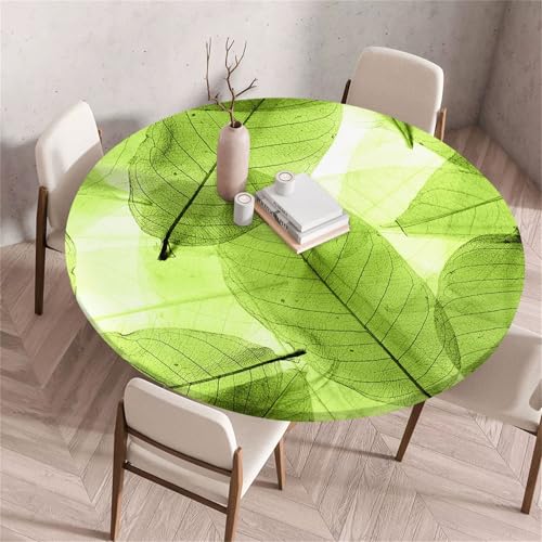 Morbuy Elastische Tischdecke Rund, 3D Grün Blatt Muster Tischdecke Wasserdicht Schmutzabweisend Gartentischdecken Tischtuch Abwischbar Tischschutz für Party (Grün Blatt 1,Durchmesser 150cm) von Morbuy