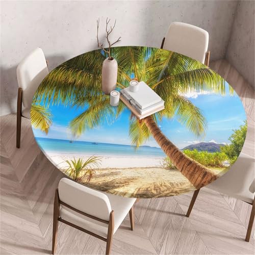 Morbuy Elastische Tischdecke Rund, 3D Kokosnussbaum Muster Tischdecke Wasserdicht Schmutzabweisend Gartentischdecken Tischtuch Abwischbar Tischschutz für Party (Meerblick 1,Durchmesser 170cm) von Morbuy