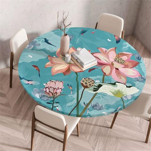 Morbuy Elastische Tischdecke Rund, 3D Lotusblüte Muster Tischdecke Wasserdicht Schmutzabweisend Gartentischdecken Tischtuch Abwischbar Tischschutz für Party (Lotusteich,Durchmesser 70cm) von Morbuy