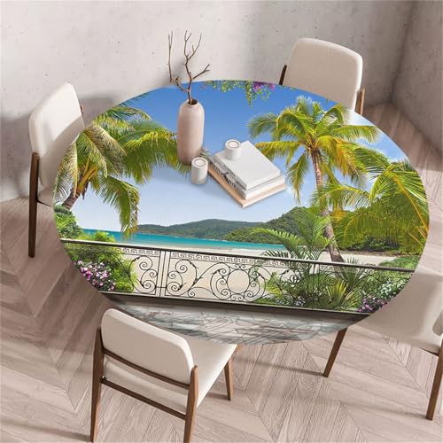 Morbuy Elastische Tischdecke Rund, 3D Meerblick Muster Tischdecke Wasserdicht Schmutzabweisend Gartentischdecken Tischtuch Abwischbar Tischschutz für Party (Meerblick B,Durchmesser 70cm) von Morbuy
