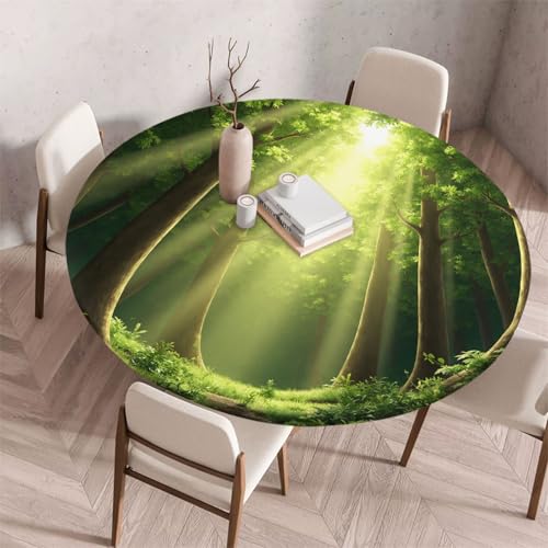 Morbuy Elastische Tischdecke Rund Abwaschbar, 3D Baum Muster Tischdecke Wasserdicht Schmutzabweisend Gartentischdecken Tischtuch Tischschutz für Küche Esszimmer (Sonnenlicht,Durchmesser 80cm) von Morbuy