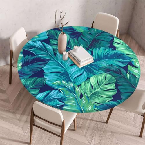 Morbuy Elastische Tischdecke Rund Abwaschbar, 3D Blatt Muster Tischdecke Wasserdicht Schmutzabweisend Gartentischdecken Tischtuch Abwischbar Tischschutz (Tropisch Pflanze A,Durchmesser 60cm) von Morbuy