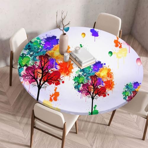 Morbuy Elastische Tischdecke Rund Abwaschbar, 3D Blume Muster Tischdecke Wasserdicht Schmutzabweisend Gartentischdecken Tischtuch für Party Küche Esszimmer (Baum C,90cm) von Morbuy