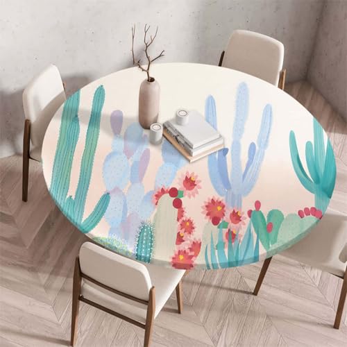 Morbuy Elastische Tischdecke Rund Abwaschbar, 3D Kaktus Muster Tischdecke Wasserdicht Schmutzabweisend Gartentischdecken Tischtuch Abwischbar Tischschutz (Rot Blume,Durchmesser 200cm) von Morbuy