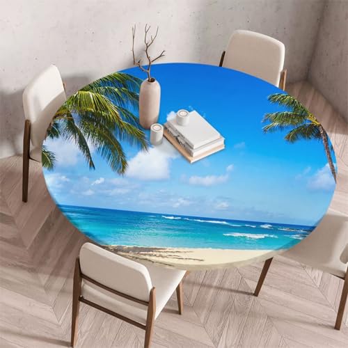 Morbuy Elastische Tischdecke Rund Abwaschbar, 3D Meerblick Muster Tischdecke Wasserdicht Schmutzabweisend Gartentischdecken Tischtuch Abwischbar Tischschutz (Meerblick A,Durchmesser 100cm) von Morbuy