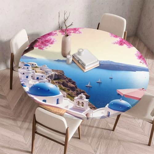 Morbuy Elastische Tischdecke Rund Abwaschbar, 3D Meerblick Muster Tischdecke Wasserdicht Schmutzabweisend Gartentischdecken Tischtuch für Dekoration Party Küche Esszimmer (Ägäische Insel A,100cm) von Morbuy