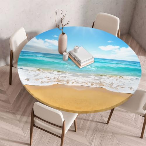 Morbuy Elastische Tischdecke Rund Abwaschbar, 3D Meerblick Muster Tischdecke Wasserdicht Schmutzabweisend Gartentischdecken Tischtuch für Dekoration Party Küche Esszimmer (Blau Ozean,110cm) von Morbuy