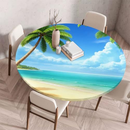 Morbuy Elastische Tischdecke Rund Abwaschbar, 3D Meerblick Muster Tischdecke Wasserdicht Schmutzabweisend Gartentischdecken Tischtuch für Dekoration Party Küche Esszimmer (Kokosnussbaum A,110cm) von Morbuy