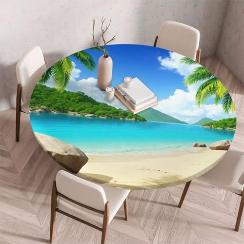 Morbuy Elastische Tischdecke Rund Abwaschbar, 3D Meerblick Muster Tischdecke Wasserdicht Schmutzabweisend Gartentischdecken Tischtuch für Dekoration Party Küche Esszimmer (Landschaft A,120cm) von Morbuy