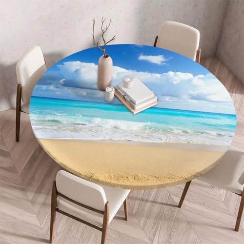 Morbuy Elastische Tischdecke Rund Abwaschbar, 3D Meerblick Muster Tischdecke Wasserdicht Schmutzabweisend Gartentischdecken Tischtuch für Dekoration Party Küche Esszimmer (Meer A,120cm) von Morbuy