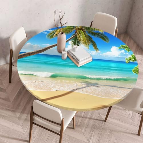 Morbuy Elastische Tischdecke Rund Abwaschbar, 3D Meerblick Muster Tischdecke Wasserdicht Schmutzabweisend Gartentischdecken Tischtuch für Dekoration Party Küche Esszimmer (Meerblick,130cm) von Morbuy