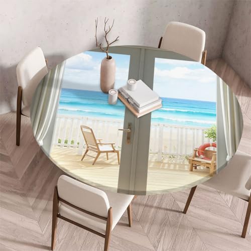 Morbuy Elastische Tischdecke Rund Abwaschbar, 3D Meerblick Muster Tischdecke Wasserdicht Schmutzabweisend Gartentischdecken Tischtuch für Dekoration Party Küche Esszimmer (Meerblick A,60cm) von Morbuy