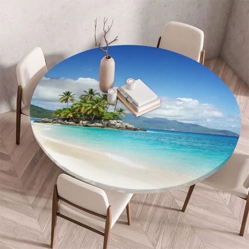 Morbuy Elastische Tischdecke Rund Abwaschbar, 3D Meerblick Muster Tischdecke Wasserdicht Schmutzabweisend Gartentischdecken Tischtuch für Dekoration Party Küche Esszimmer (Sandstrand AN,60cm) von Morbuy