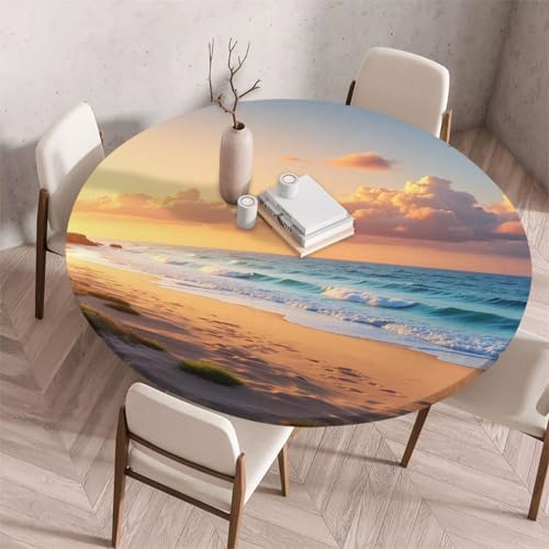 Morbuy Elastische Tischdecke Rund Abwaschbar, 3D Meerblick Muster Tischdecke Wasserdicht Schmutzabweisend Gartentischdecken Tischtuch für Dekoration Party Küche Esszimmer (Sonnenaufgang A,200cm) von Morbuy