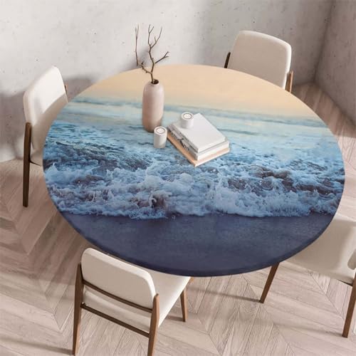 Morbuy Elastische Tischdecke Rund Abwaschbar, 3D Sandstrand Muster Tischdecke Wasserdicht Schmutzabweisend Gartentischdecken Tischtuch Abwischbar Tischschutz (Durchmesser 110cm,Meereswelle) von Morbuy