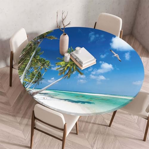 Morbuy Elastische Tischdecke Rund Abwaschbar, 3D Sandstrand Muster Tischdecke Wasserdicht Schmutzabweisend Gartentischdecken Tischtuch Abwischbar Tischschutz (Durchmesser 110cm,Möwe) von Morbuy