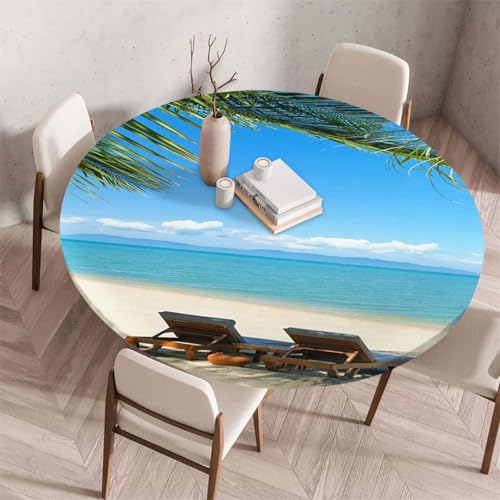 Morbuy Elastische Tischdecke Rund Abwaschbar, 3D Sandstrand Muster Tischdecke Wasserdicht Schmutzabweisend Gartentischdecken Tischtuch Abwischbar Tischschutz (Durchmesser 120cm,Sandstrand) von Morbuy