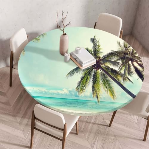 Morbuy Elastische Tischdecke Rund Abwaschbar, 3D Sandstrand Muster Tischdecke Wasserdicht Schmutzabweisend Gartentischdecken Tischtuch Abwischbar Tischschutz (Durchmesser 130cm,Palme) von Morbuy