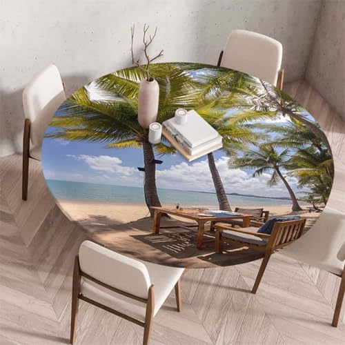 Morbuy Elastische Tischdecke Rund Abwaschbar, 3D Sandstrand Muster Tischdecke Wasserdicht Schmutzabweisend Gartentischdecken Tischtuch Abwischbar Tischschutz (Durchmesser 140cm,Kokosnussbaum) von Morbuy
