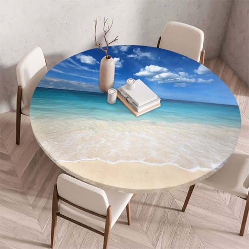 Morbuy Elastische Tischdecke Rund Abwaschbar, 3D Sandstrand Muster Tischdecke Wasserdicht Schmutzabweisend Gartentischdecken Tischtuch Abwischbar Tischschutz (Durchmesser 170cm,Ozean) von Morbuy