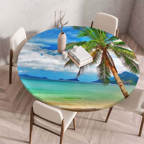 Morbuy Elastische Tischdecke Rund Abwaschbar, 3D Sandstrand Muster Tischdecke Wasserdicht Schmutzabweisend Gartentischdecken Tischtuch Abwischbar Tischschutz (Durchmesser 70cm,Meerwasser) von Morbuy