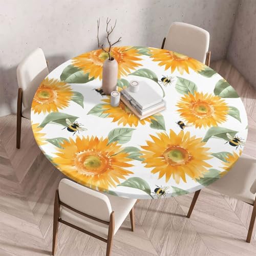 Morbuy Elastische Tischdecke Rund Abwaschbar, 3D Sonnenblume Muster Tischdecke Wasserdicht Schmutzabweisend Gartentischdecken Tischtuch Abwischbar Tischschutz (Biene,Durchmesser 200cm) von Morbuy