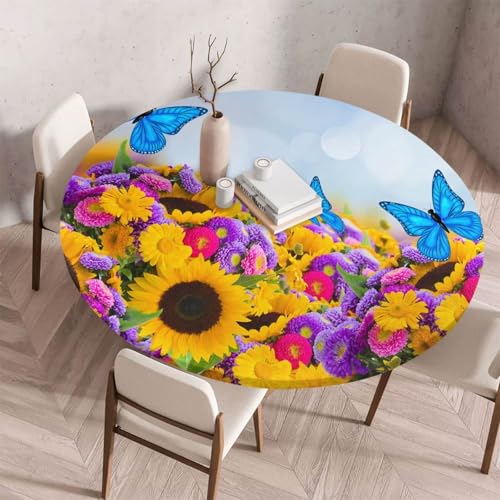 Morbuy Elastische Tischdecke Rund Abwaschbar, 3D Sonnenblume Muster Tischdecke Wasserdicht Schmutzabweisend Gartentischdecken Tischtuch Abwischbar Tischschutz (Schmetterling,Durchmesser 80cm) von Morbuy