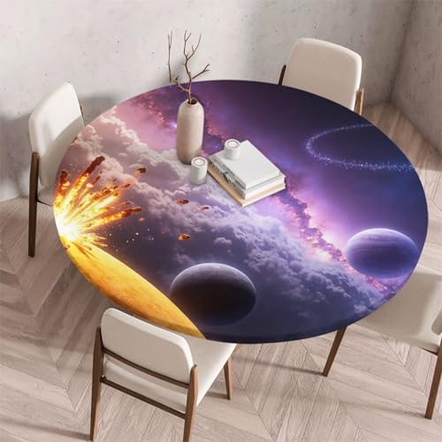 Morbuy Elastische Tischdecke Rund Abwaschbar, 3D Sternenhimmel Muster Tischdecke Wasserdicht Schmutzabweisend Gartentischdecken Tischtuch für Küche (Lila Planet,Durchmesser 110cm) von Morbuy