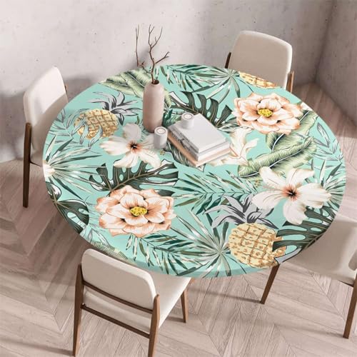 Morbuy Elastische Tischdecke Rund Abwaschbar, 3D Tropisch Blume Muster Tischdecke Wasserdicht Schmutzabweisend Gartentischdecken Tischtuch für Party Küche Esszimmer (Gelb Ananas,70cm) von Morbuy